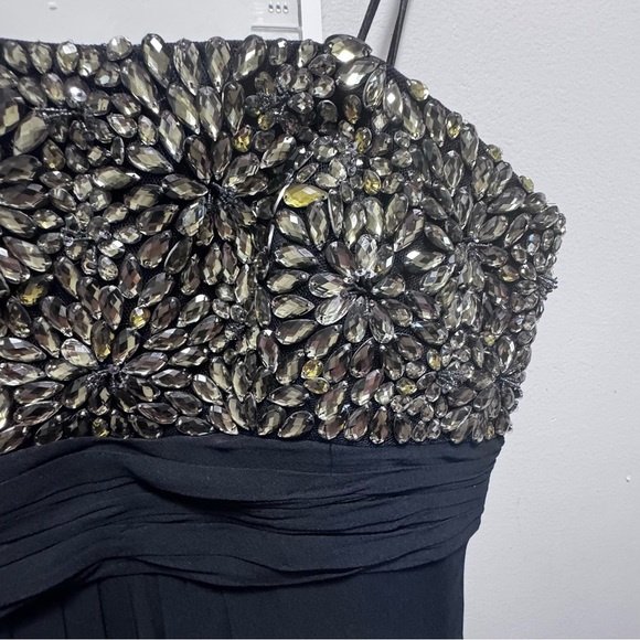 Theia Strapless Beaded Floral Navy Blue Silk Chiffon Gown Size 10 - Picture 7 of 15